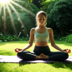 ** A serene individual practicing yoga in a lush green garden, sunlight filtering through the trees, smartphone lying untouched nearby.

**