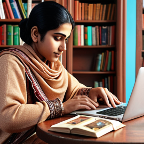 Home 14 **A person comfortably learning on a laptop at home, surrounded by Urdu books and a cup of chai, symbolizing the convenience of online courses.**