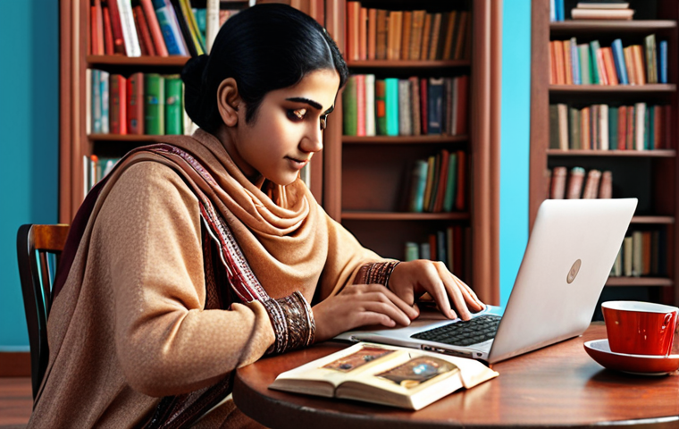 **A person comfortably learning on a laptop at home, surrounded by Urdu books and a cup of chai, symbolizing the convenience of online courses.**