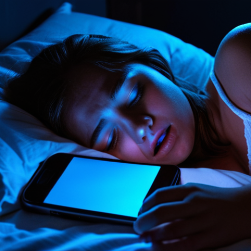 Home 7 **A person in bed, illuminated by the blue light of a smartphone, eyes wide open and struggling to fall asleep. Dark room setting, emphasizing the contrast.**