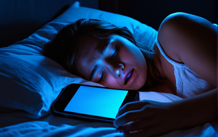 **A person in bed, illuminated by the blue light of a smartphone, eyes wide open and struggling to fall asleep. Dark room setting, emphasizing the contrast.**