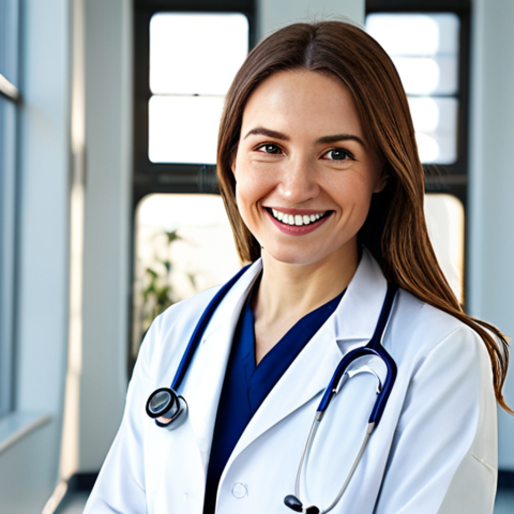 기술 피로로 인한 집중력 저하 해결법 - **
A professional female doctor in a modest, white lab coat, stethoscope around her neck, smiling g...