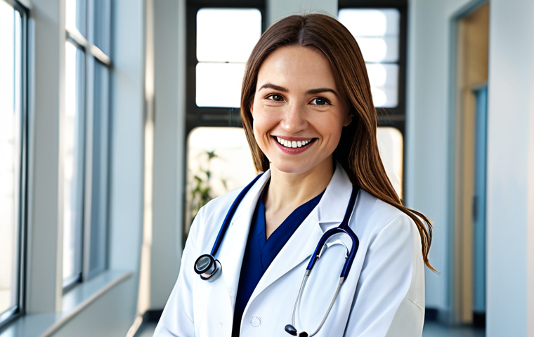 기술 피로로 인한 집중력 저하 해결법 - **
A professional female doctor in a modest, white lab coat, stethoscope around her neck, smiling g...