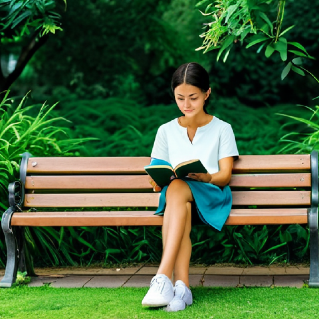 기술 피로 해소를 위한 감정 표현 기법 - **Digital Detox Scene:** "A serene park scene with a woman reading a physical book on a bench, surro...