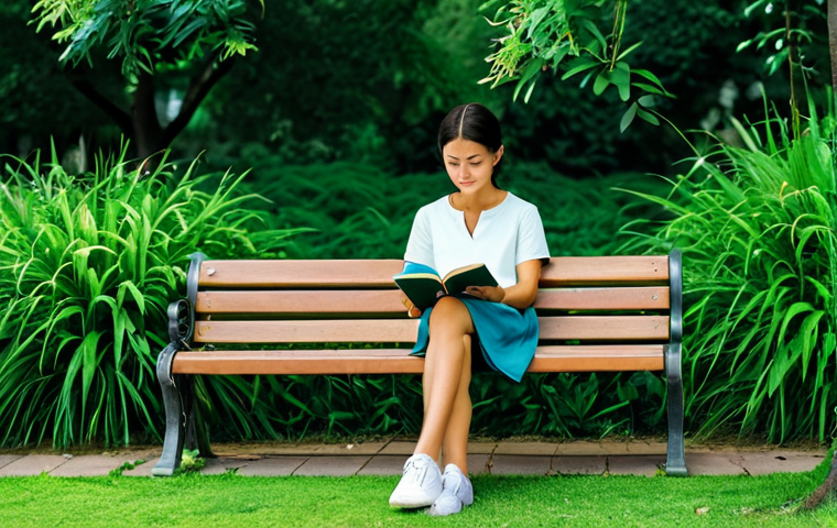 기술 피로 해소를 위한 감정 표현 기법 - **Digital Detox Scene:** "A serene park scene with a woman reading a physical book on a bench, surro...