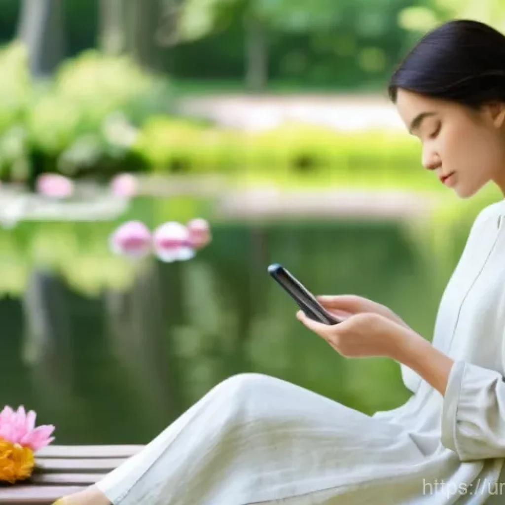 기술 피로 해소를 위한 소그룹 활동 - **Prompt:** A serene young woman, dressed in comfortable, loose-fitting modest clothing (e.g., a lon...
