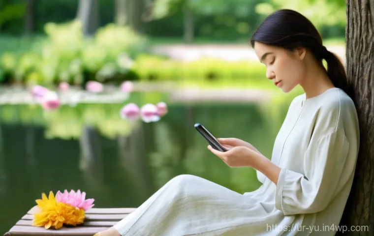 기술 피로 해소를 위한 소그룹 활동 - **Prompt:** A serene young woman, dressed in comfortable, loose-fitting modest clothing (e.g., a lon...