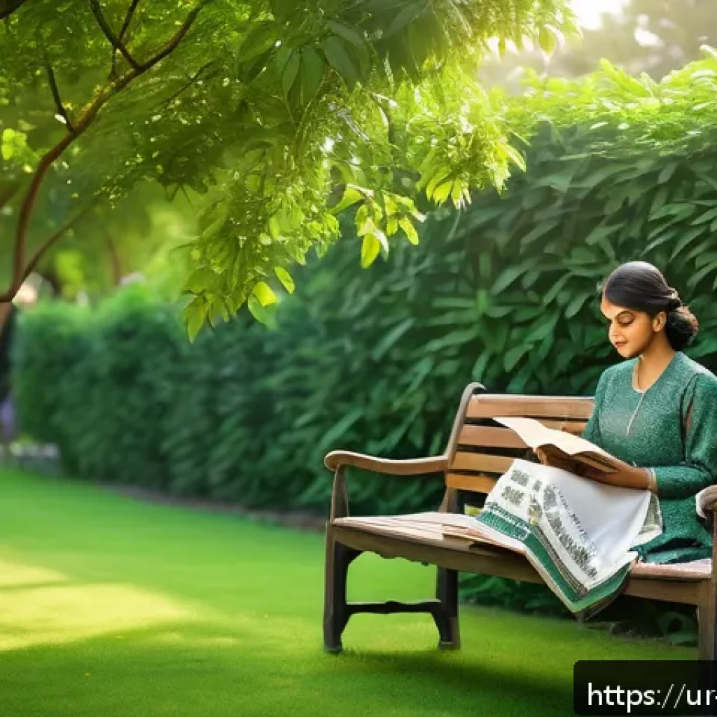 기술 피로 극복을 위한 책 추천 - A serene outdoor reading scene featuring a young South Asian woman sitting on a wooden bench under l...