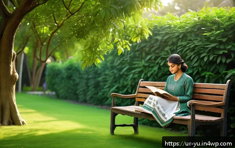 기술 피로 극복을 위한 책 추천 - A serene outdoor reading scene featuring a young South Asian woman sitting on a wooden bench under l...