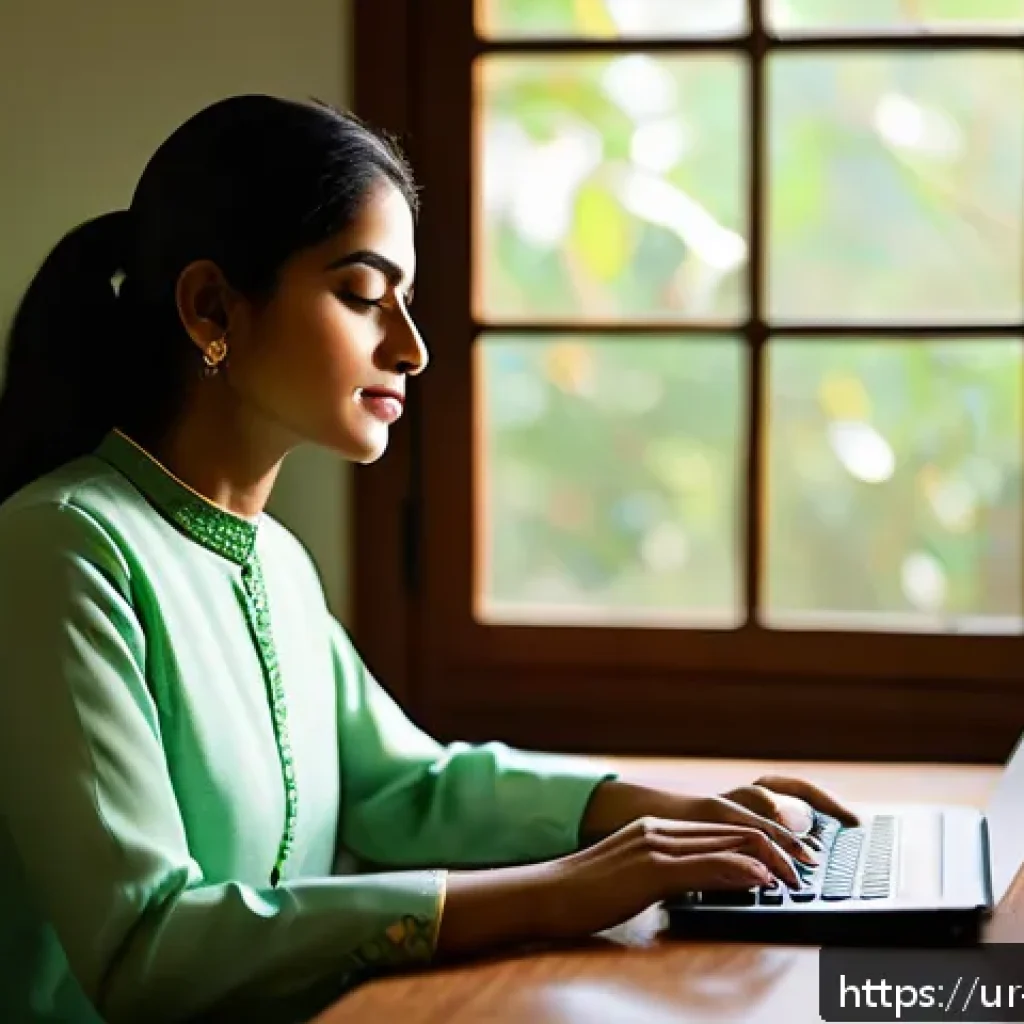 기술 피로 감소를 위한 시간 배분 전략 - A peaceful home office scene featuring a young South Asian woman in modest, comfortable clothing tak...