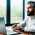 Home 20 기술 피로를 예방하기 위한 일정 관리 - A peaceful home office scene featuring a middle-aged South Asian man with light beard and traditiona...